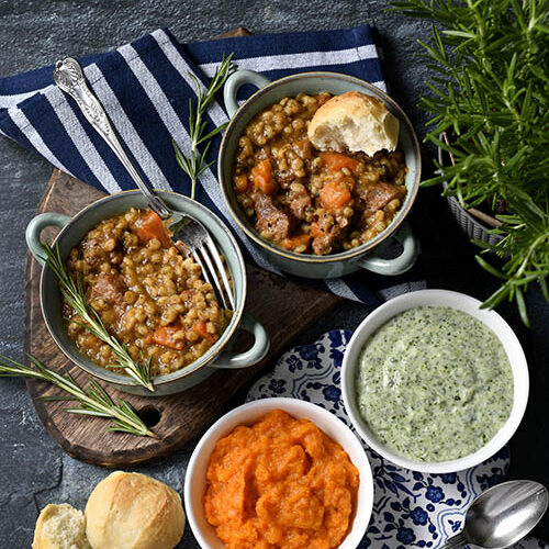 Slow-Cooked-Beef-Barley-Stew-Sides-Roasted-Butternut-Mash-Creamed-Spinach.